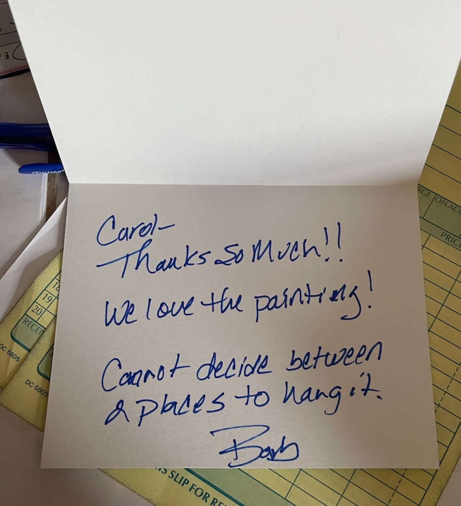 image shows a Collector’s Touching Note on My First Oil Painting Sale reminding me that art moves people